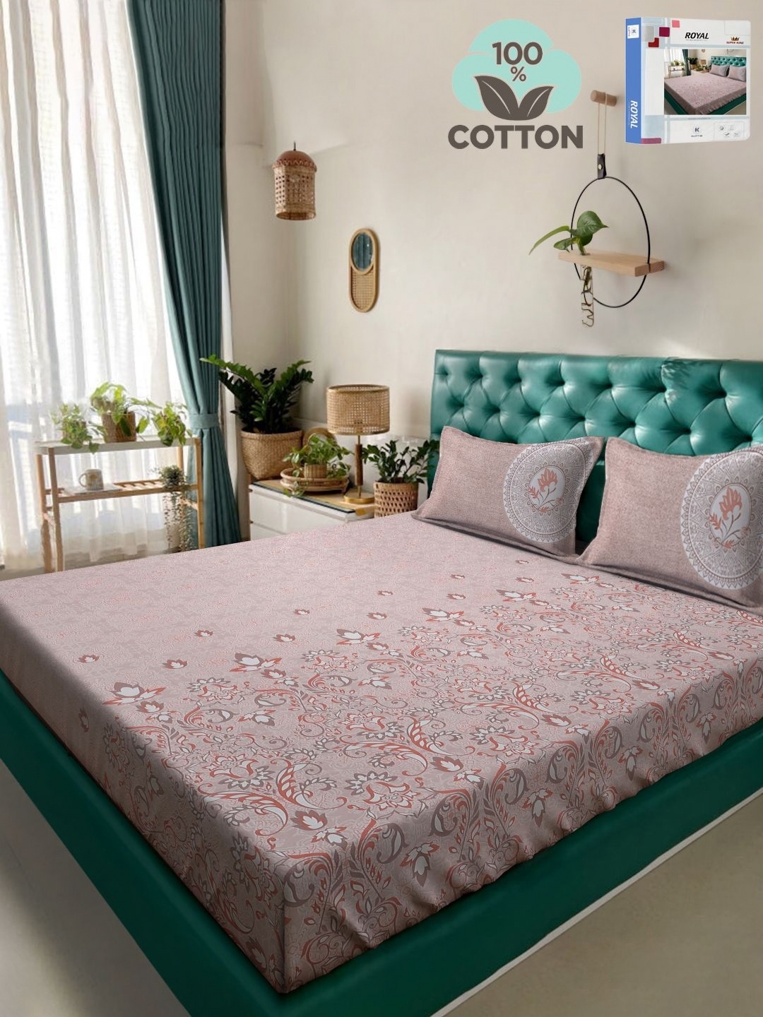 

KLOTTHE Peach Floral Printed 400TC Pure Cotton Super King Bedsheet Set