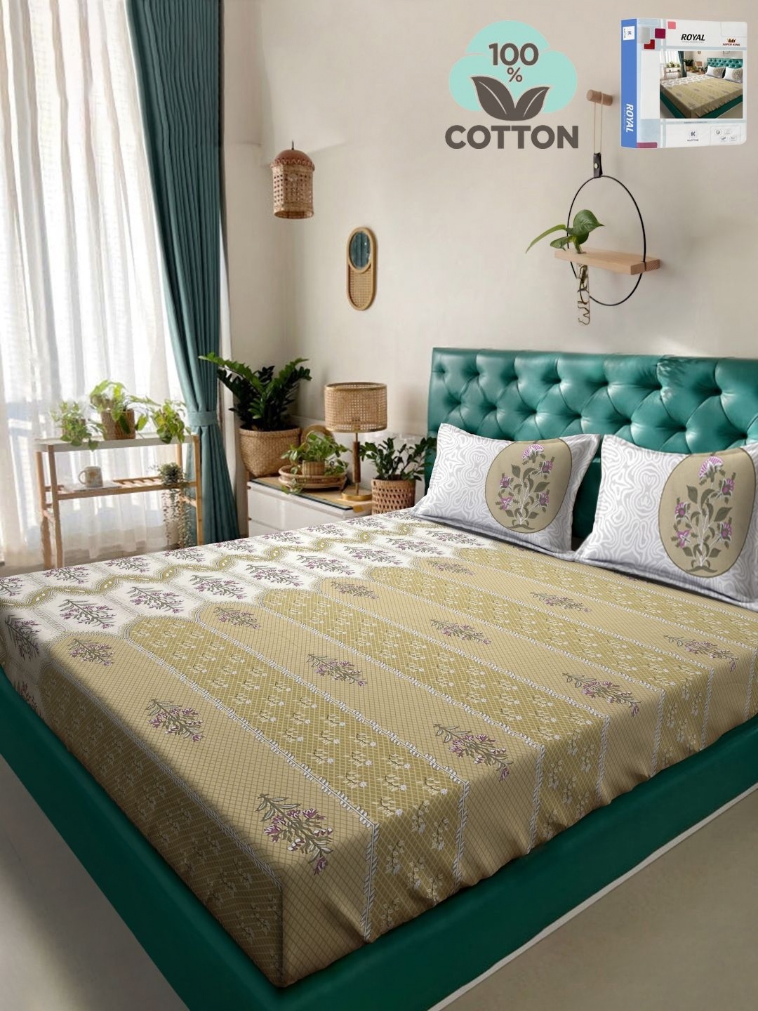 

KLOTTHE Olive Green & White Floral Pure Cotton 400TC Super King Bedsheet & 2Pillow Covers