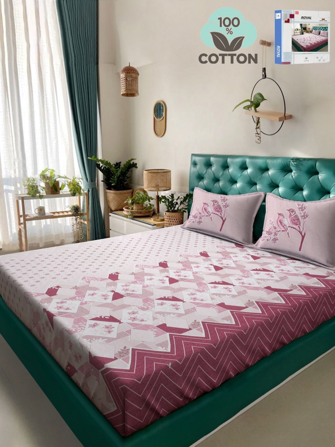 

KLOTTHE Magenta & White Geometric Pure Cotton 400TC Super King Bedsheet & Pillow Cover