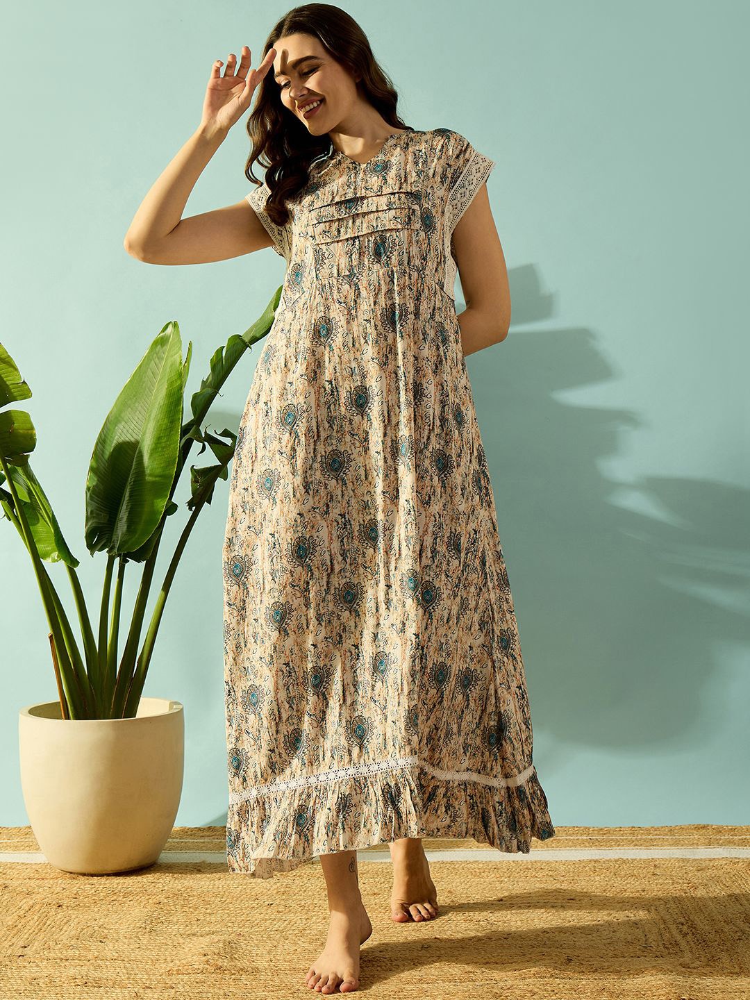 

The Kaftan Company Ethnic Motifs Printed Short Sleeves Pure Cotton Maxi Nightdress, Beige