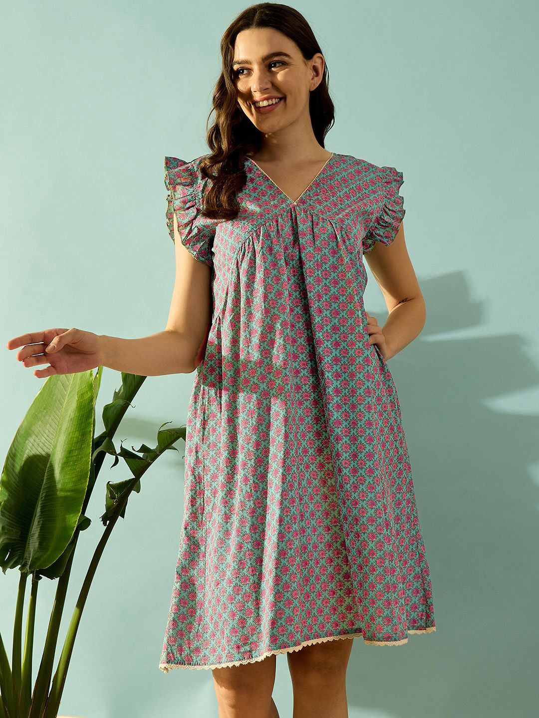 

The Kaftan Company Floral Printed Pure Cotton Nightdress, Teal