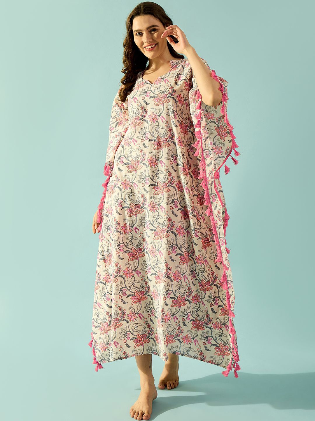 

The Kaftan Company Floral Printed Pure Cotton Maxi Kaftan Nightdress, White