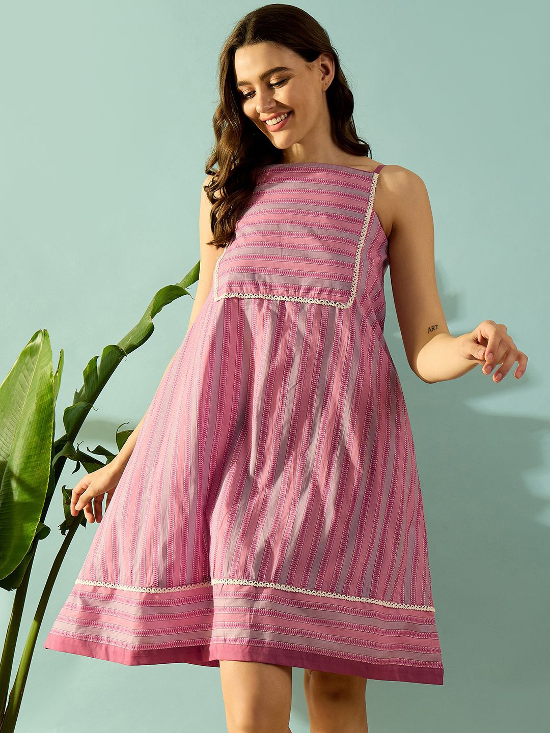 

The Kaftan Company Striped Shoulder Straps Pure Cotton Nightdress, Pink