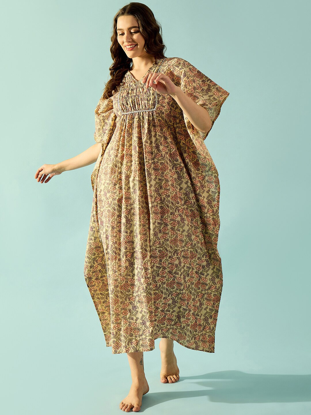

The Kaftan Company Floral Printed Pure Cotton Maxi Kaftan Nightdress, Beige