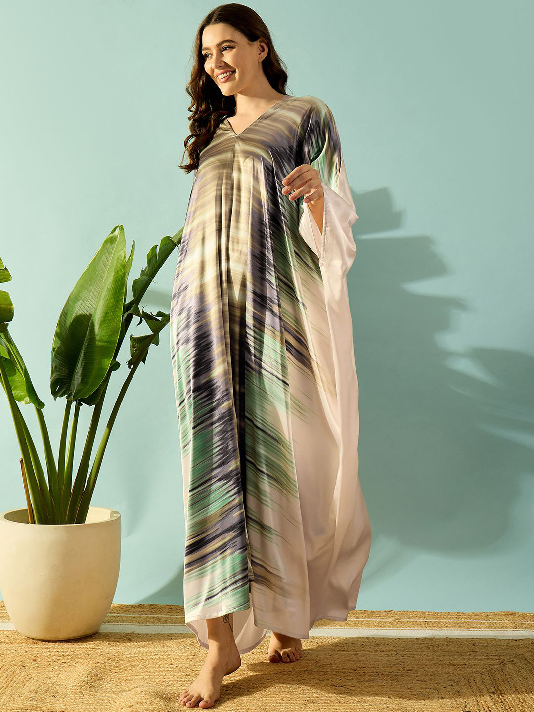 

The Kaftan Company Abstract Printed Satin Maxi Kaftan Nightdress, Beige