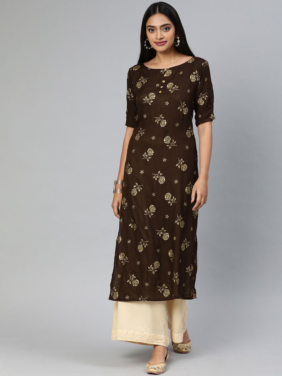 

Swishchick Women Geometric Printed Keyhole Neck Kurta, Brown