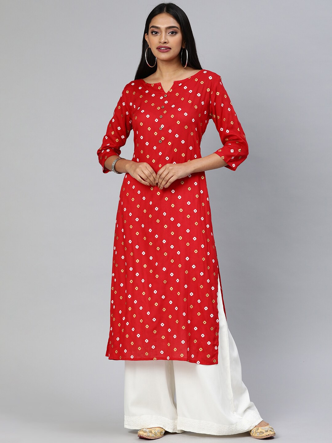 

Swishchick Women Geometric Checked Flared Sleeves Mirror Work Kurta, Red