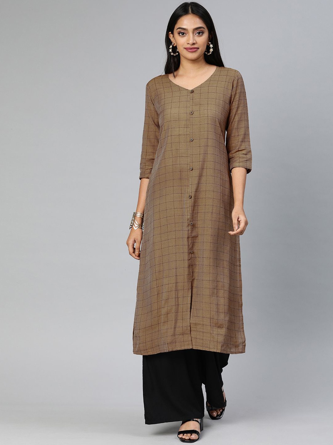 

Swishchick Women Checked Thread Work Kurta, Brown