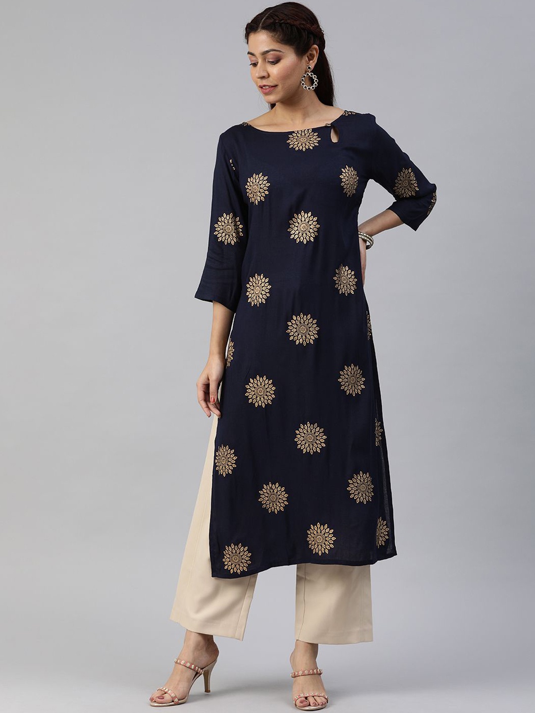 Swishchick Women Quirky Striped Mirror Work Anarkali Kurta, Blue