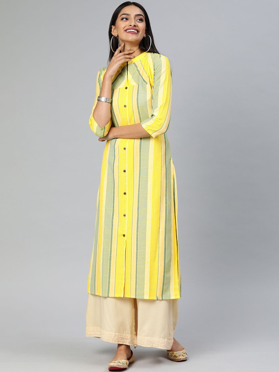 

Swishchick Women Striped Sequinned Anarkali Kurta, Yellow