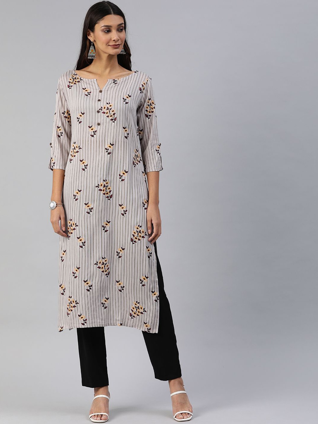 

Swishchick Women Geometric Embroidered Keyhole Neck Thread Work Kurta, Grey