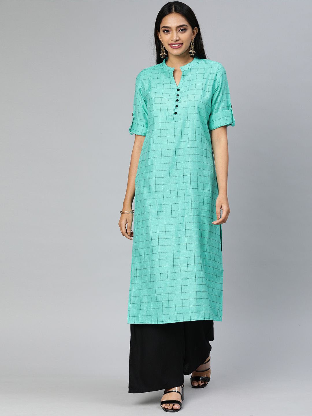 

Swishchick Women Striped Mirror Work Pathani Kurta, Turquoise blue
