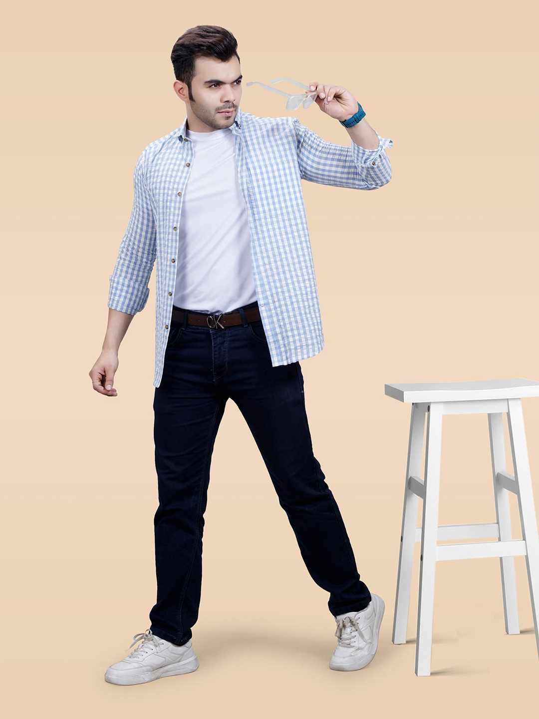 

BAESD Men Classic Slim Fit Opaque Checked Semiformal Shirt, Blue