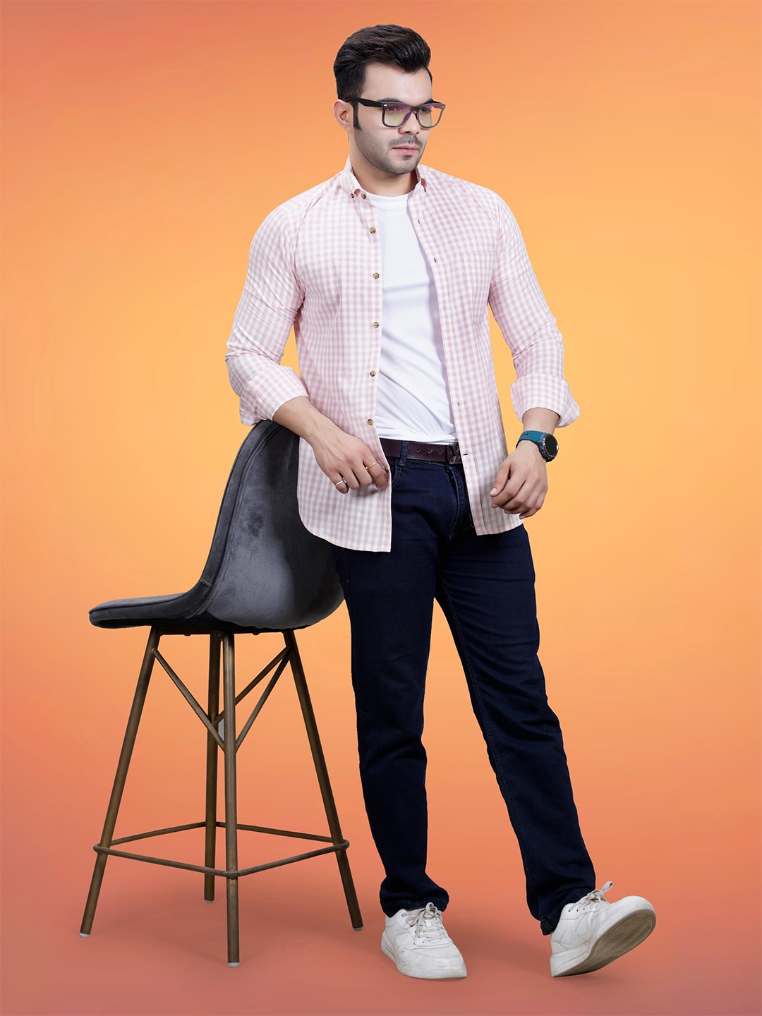 

BAESD Men Classic Slim Fit Opaque Checked Semiformal Shirt, Peach