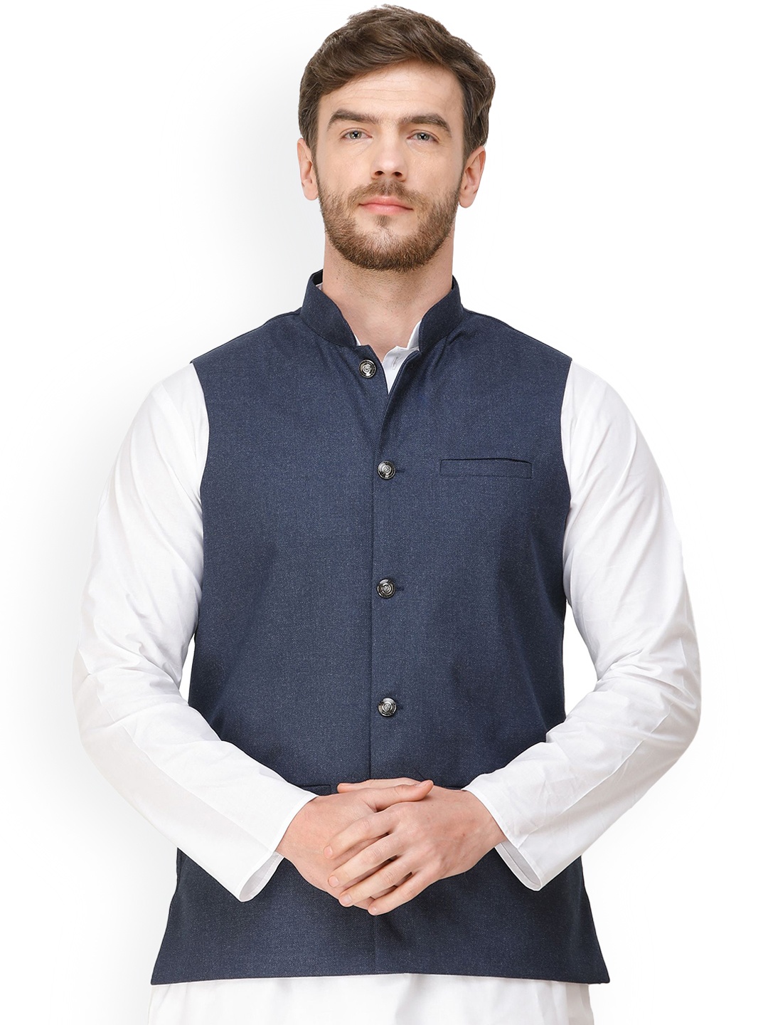 

Exotic India Design Blue Front Pockets Waistcoat with Woven Diagonal Stripes