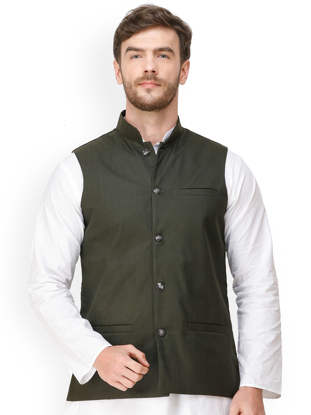 

Exotic India Thyme Green Front Pockets Waistcoat with Woven Diagonal Stripes