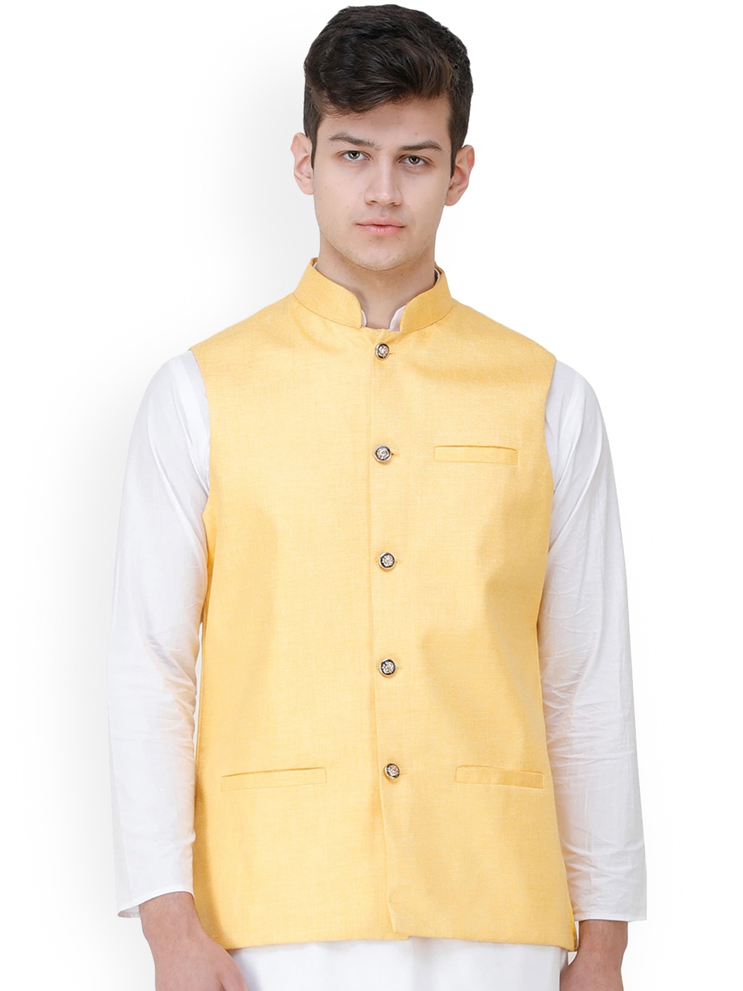 

Exotic India Zero Checks in Weave Pocket Square Nehru Jacket, Cream