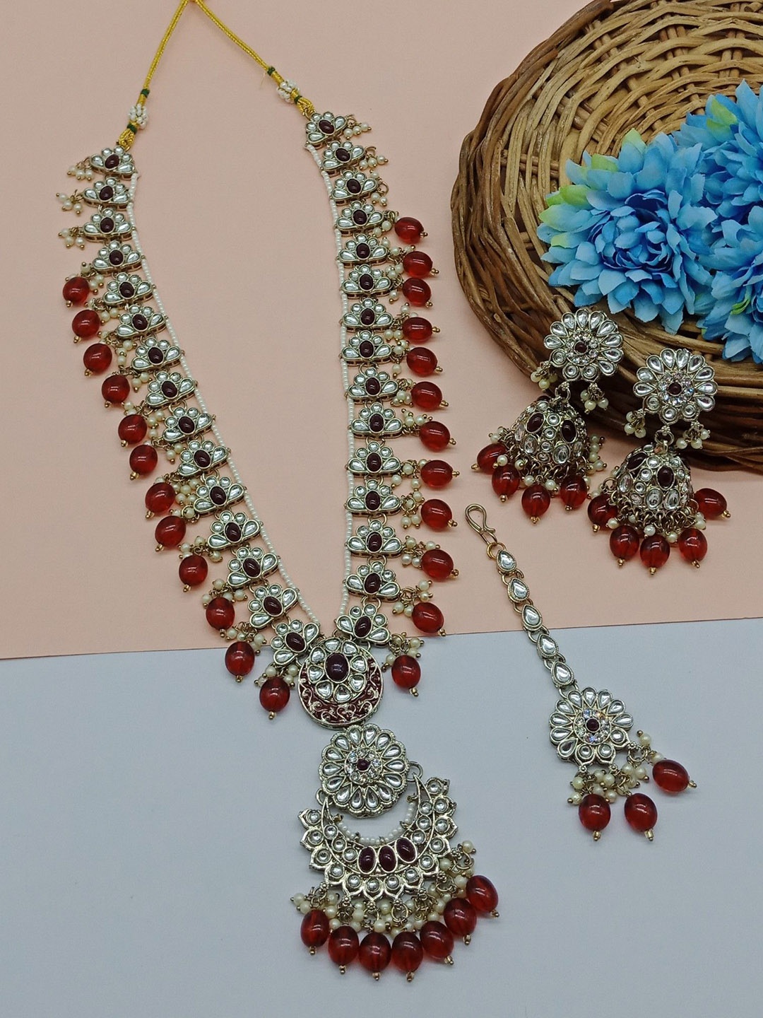 

AASHISH IMITATION American Diamond-Studded & Beaded Jewellery Set, Gold