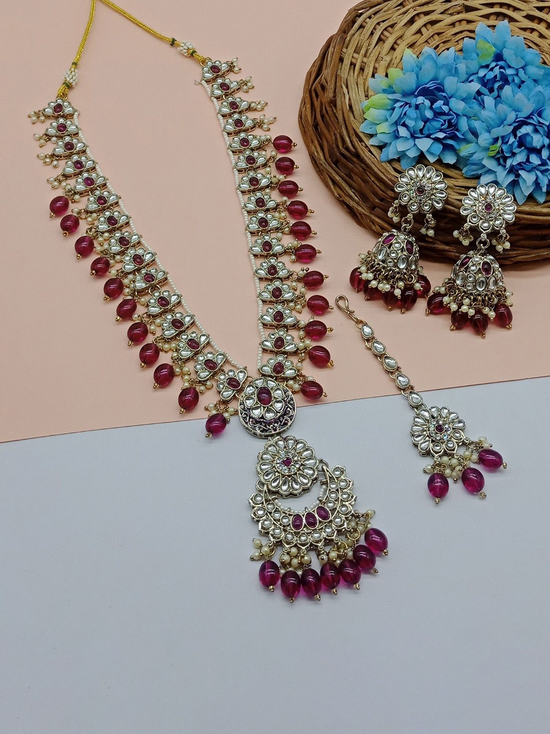 

AASHISH IMITATION American Diamond-Studded & Beaded Jewellery Set, Purple