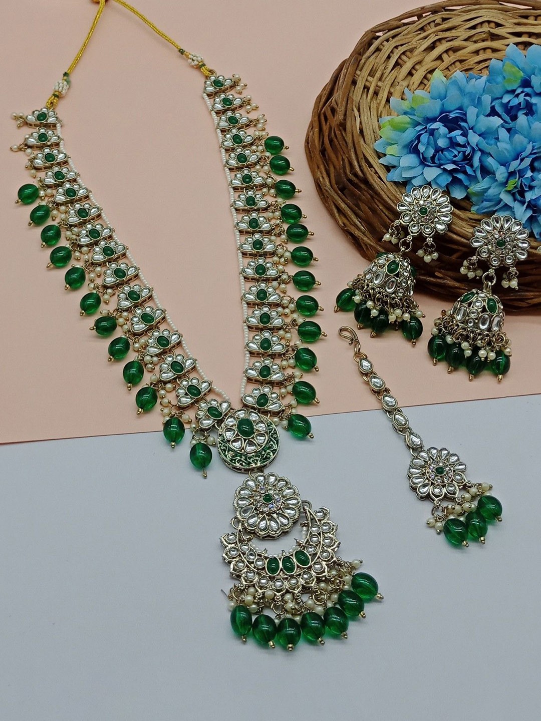 

AASHISH IMITATION American Diamond-Studded & Beaded Jewellery Set, Green