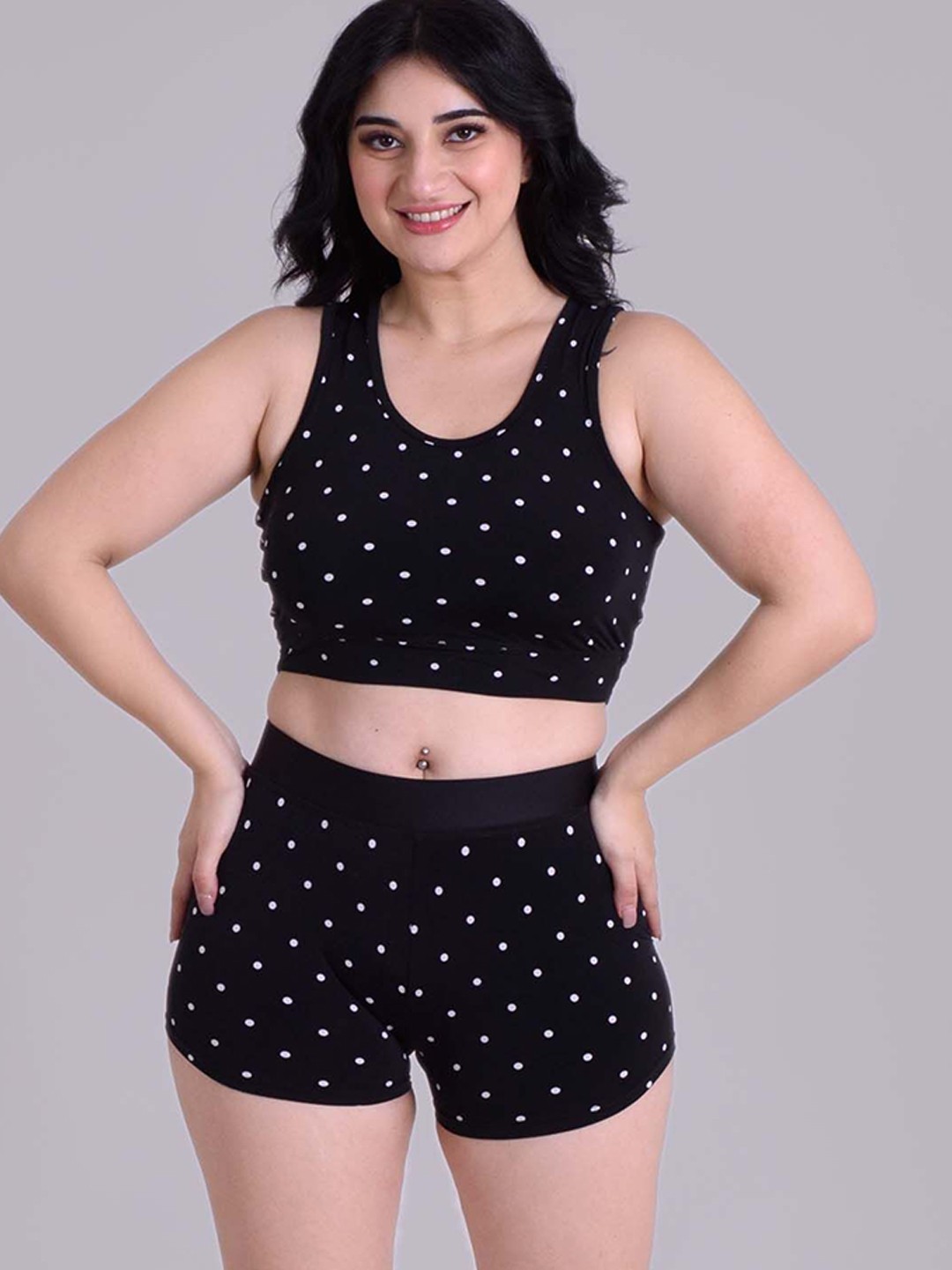 

Keepfit Women Plus Size Polka Dot Printed Sleeveless Crop Top & High Rise Shorts Swimwear, Black