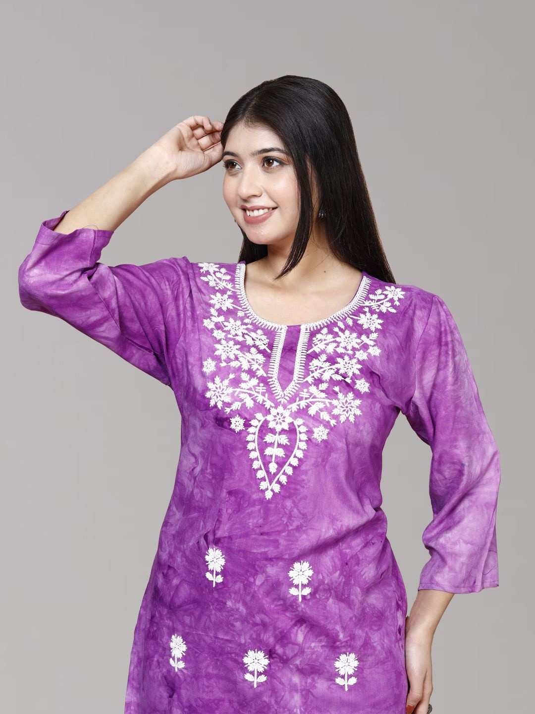 

TULIP 21 Ethnic Motifs Embroidered Round Neck Kurti, Purple
