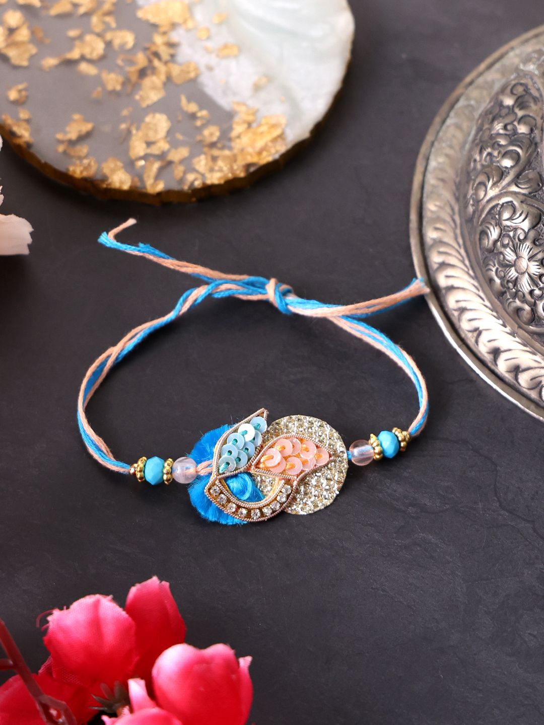 

PANASH Gold-Plated Beaded & Stone Studded Thread Rakhis With Roli Chawal
