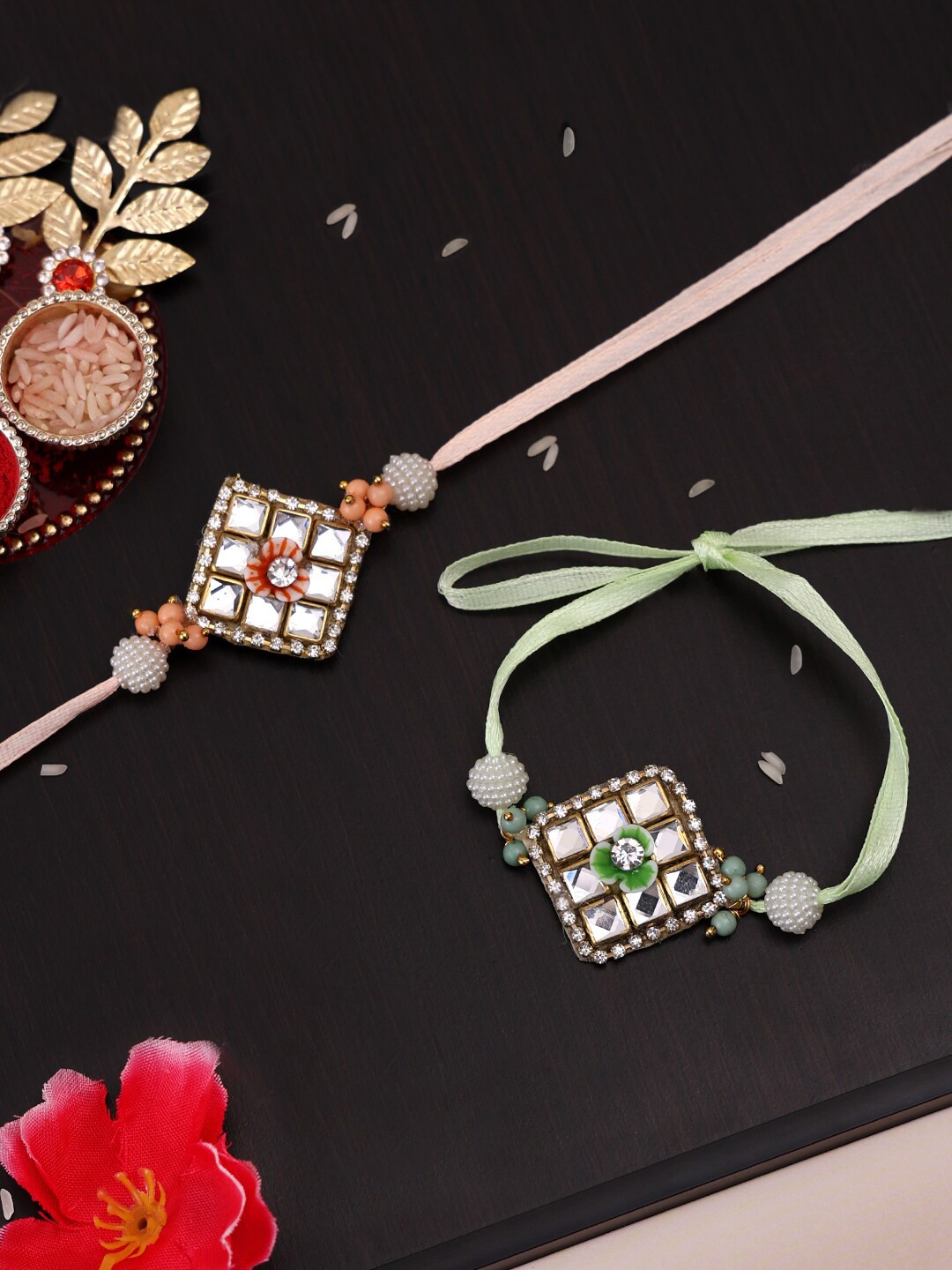 

PANASH- Set of 2 Kundan Rakhis with Roli Chawal, Gold