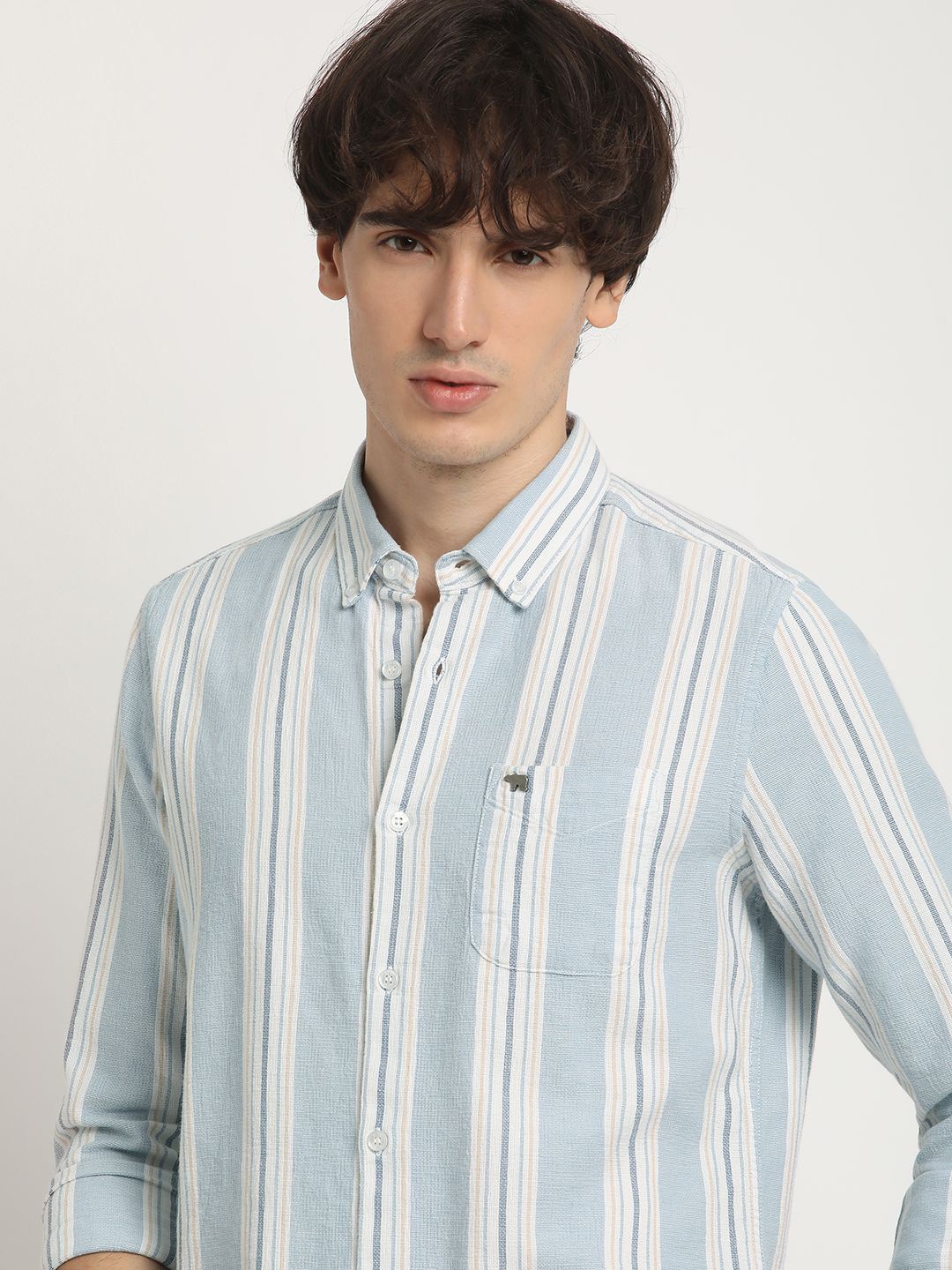 

THE BEAR HOUSE Pure Cotton Striped Button-Down Collar Long Sleeves Slim Fit Casual Shirt, Blue