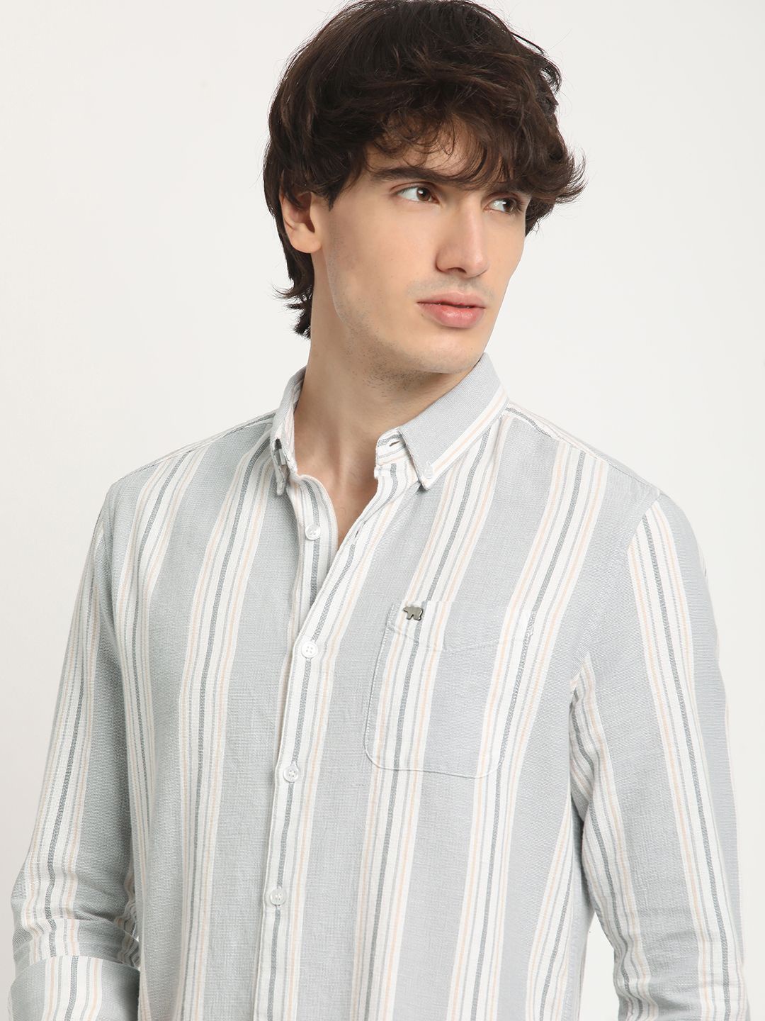 

THE BEAR HOUSE Men's Striped Slim Fit Button-Down Collar Casual Shirt, Grey