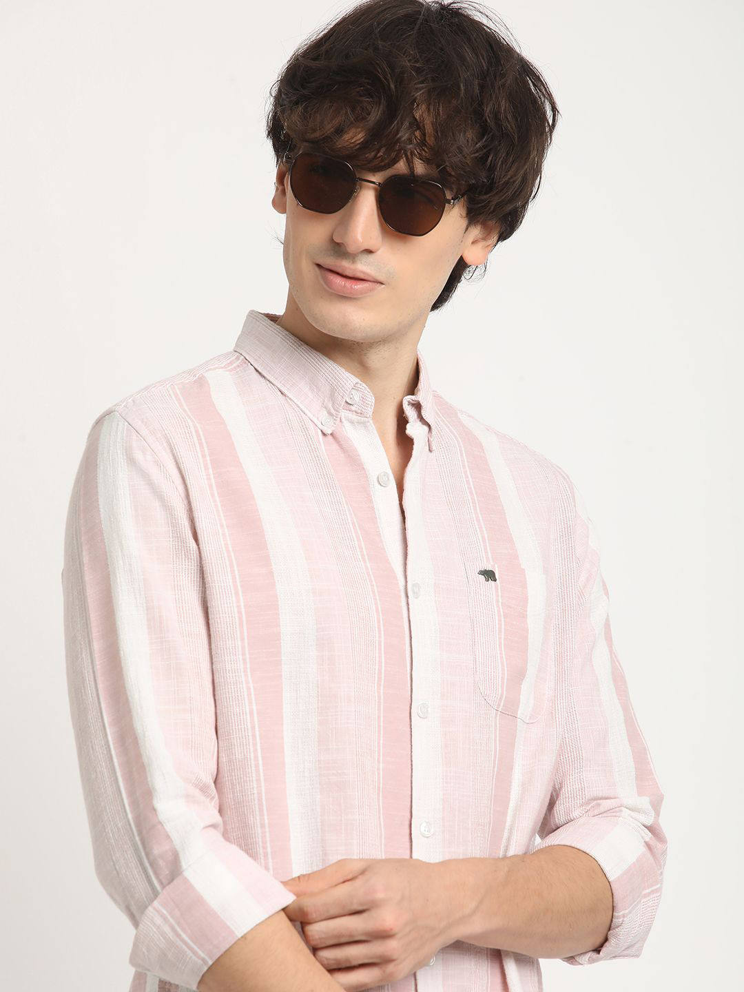 

THE BEAR HOUSE Men Striped Slim Fit Casual Shirt with Button-Down Collar and Long Sleeves, Pink