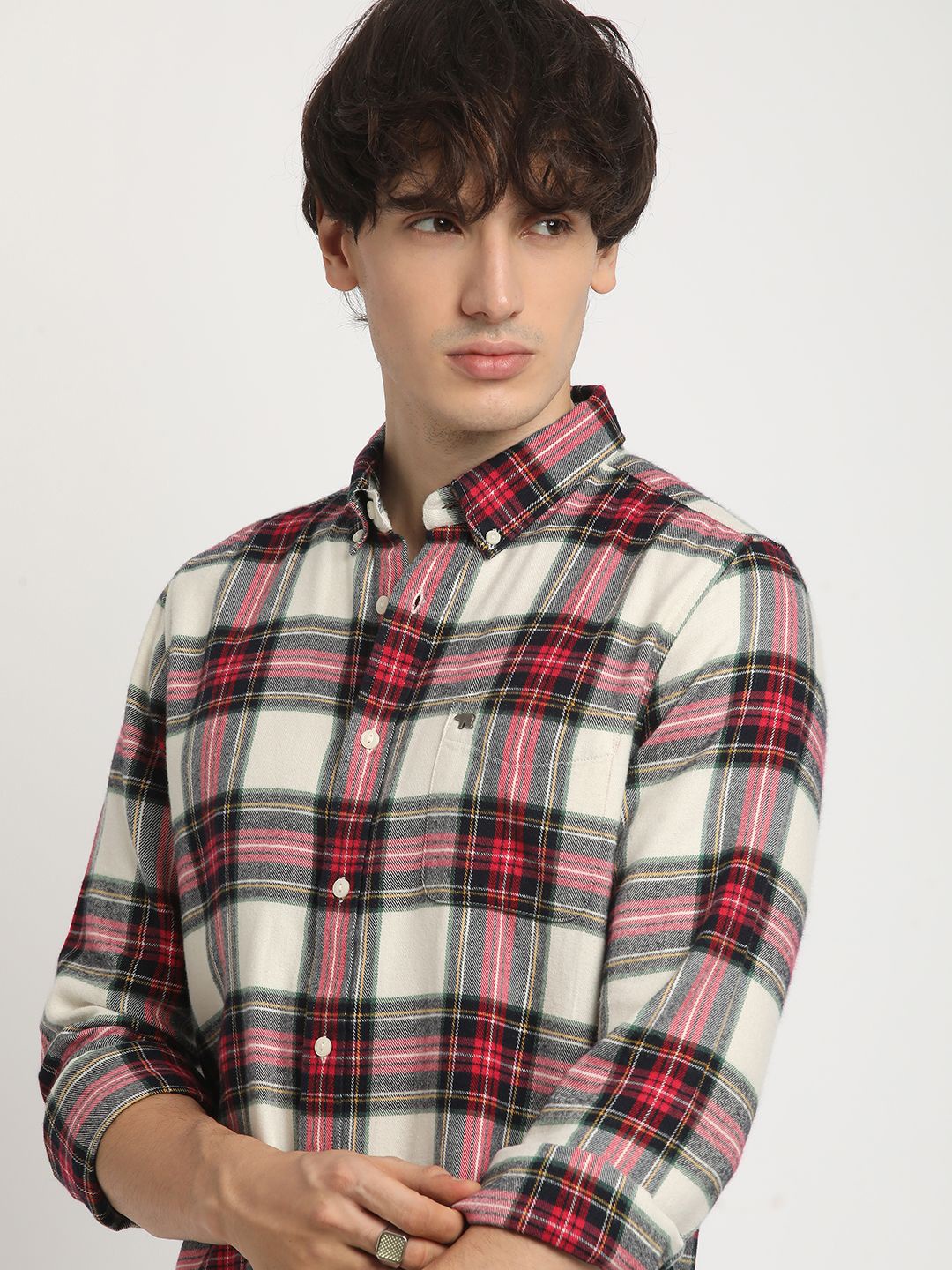 

THE BEAR HOUSE Pure Cotton Checked Slim Fit Casual Shirt, Off white