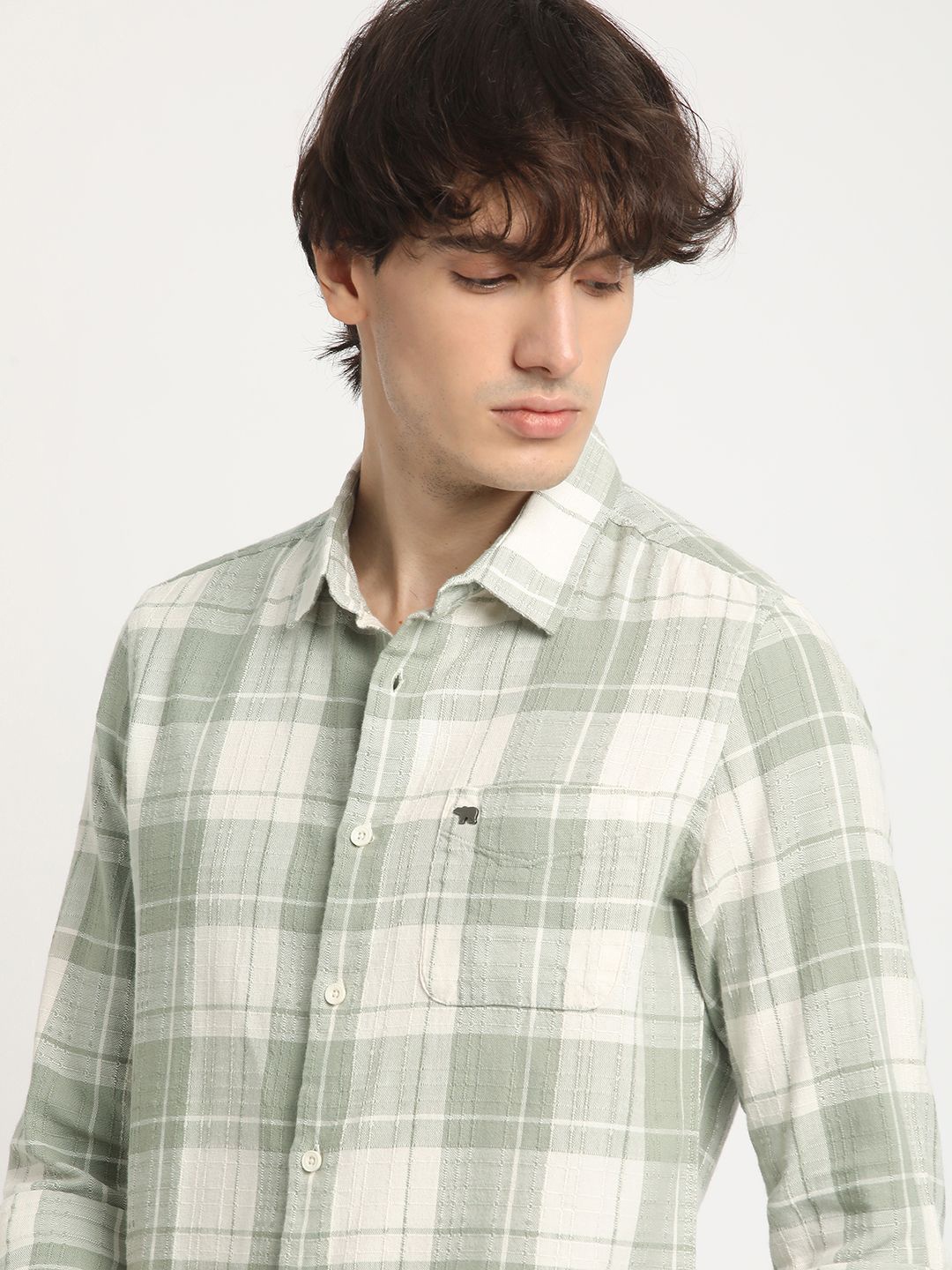 

THE BEAR HOUSE Pure Cotton Checked Slim Fit Casual Shirt, Green