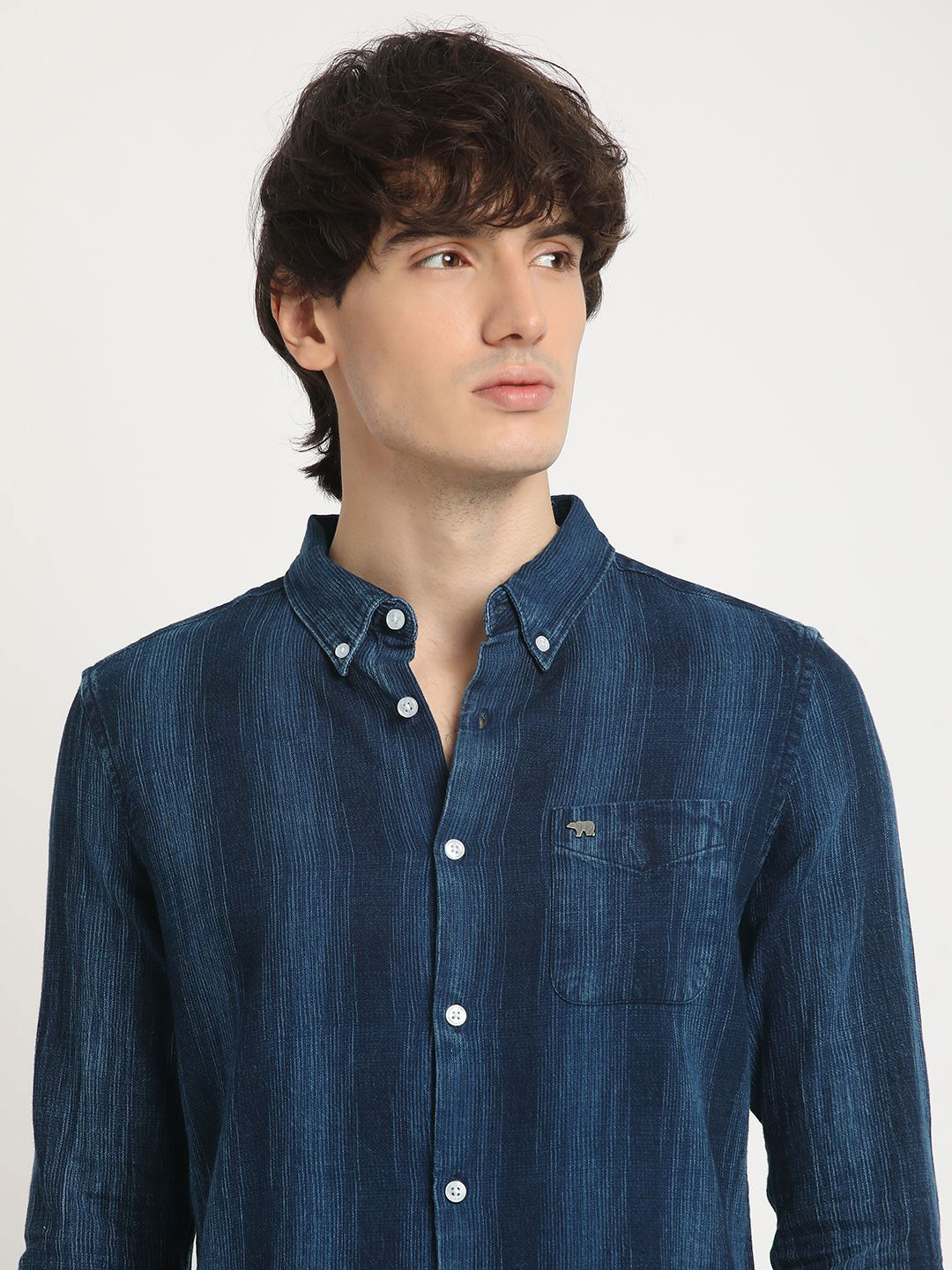 

THE BEAR HOUSE Pure Cotton Striped Slim Fit Casual Shirt, Blue
