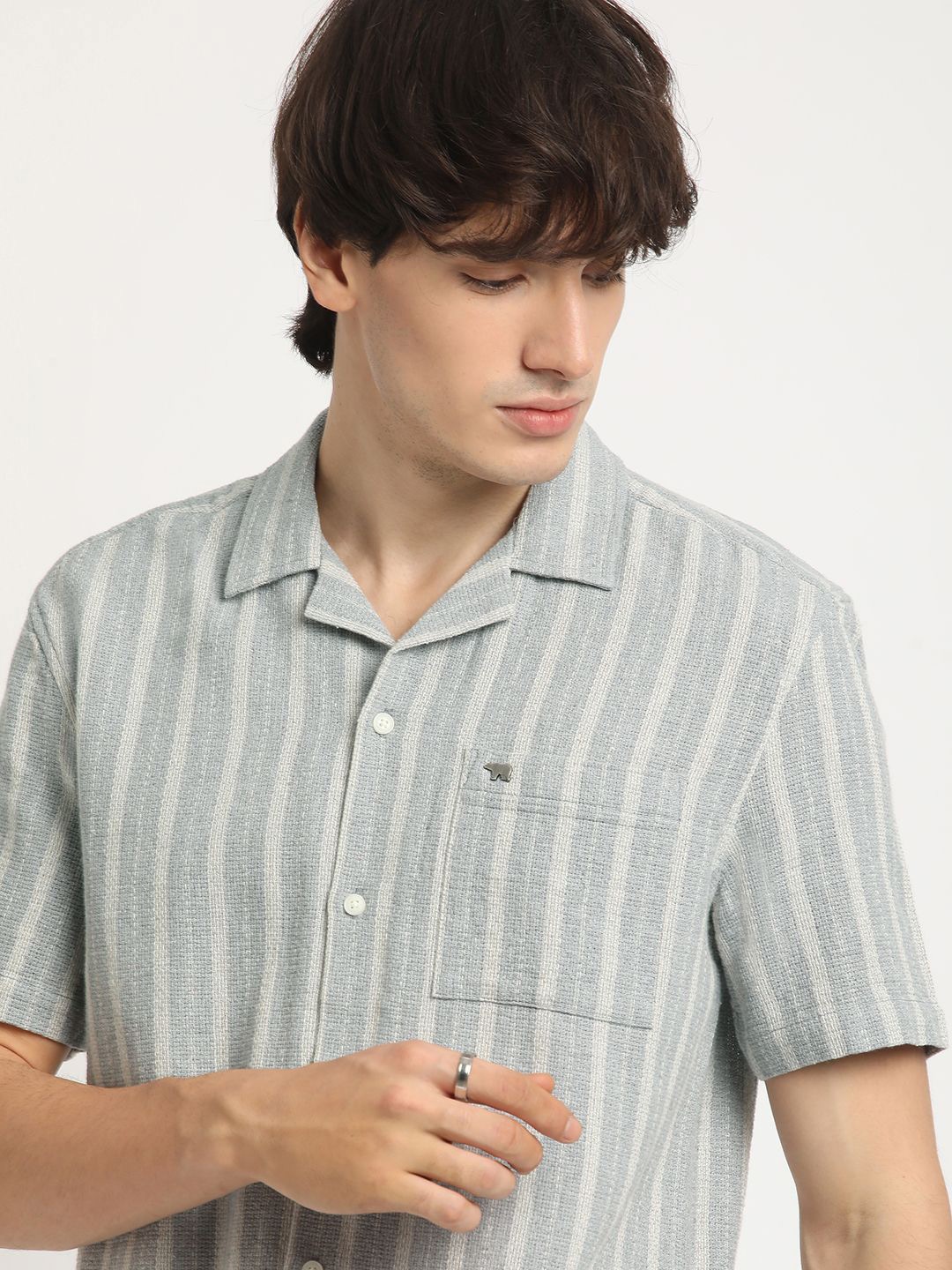 

THE BEAR HOUSE Men Opaque Striped Casual Shirt, Grey