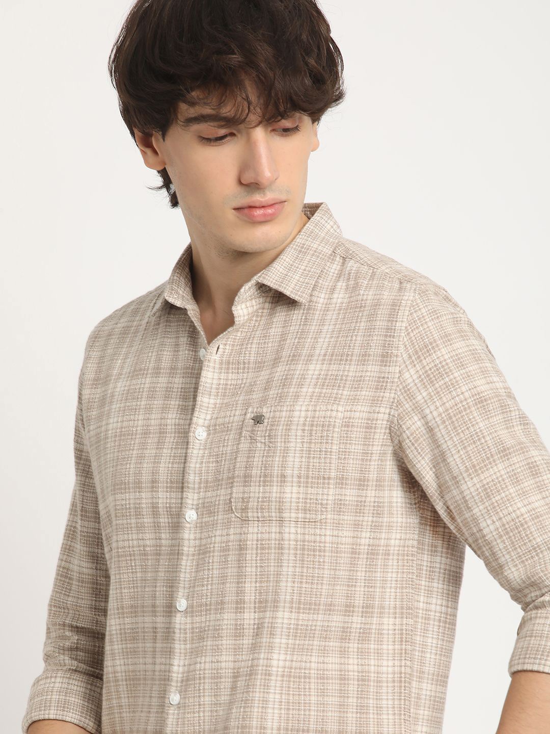 

THE BEAR HOUSE Men's Checkered Slim Fit Casual Shit, Beige