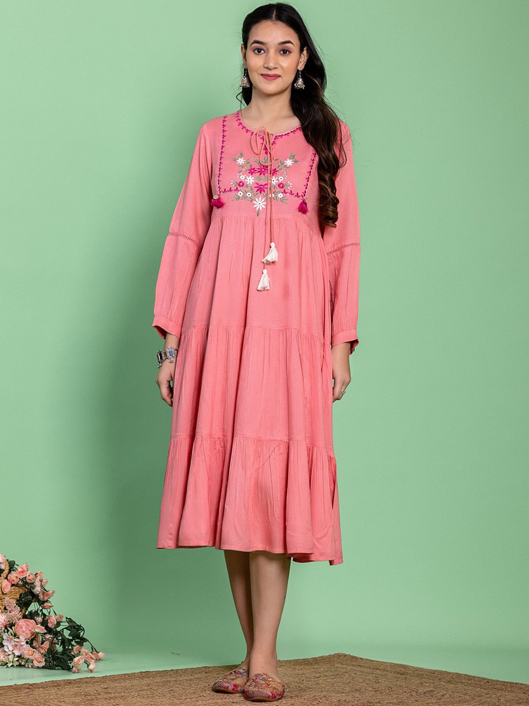 

HERE&NOW Tiered Flared Midi Ethnic Dresses, Pink