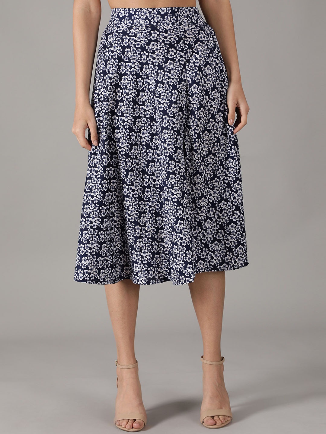 

smisingbee Floral Printed A-line Flared Midi Skirt, Navy blue