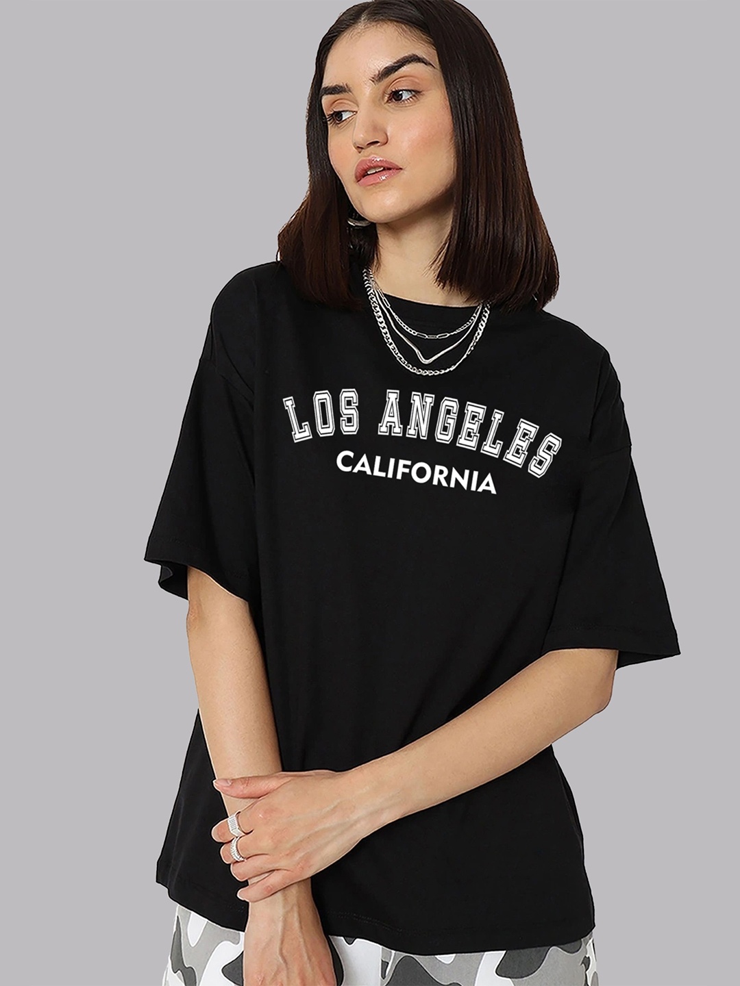 BAESD Women Typography Printed Round Neck Oversized Tshirt, Black