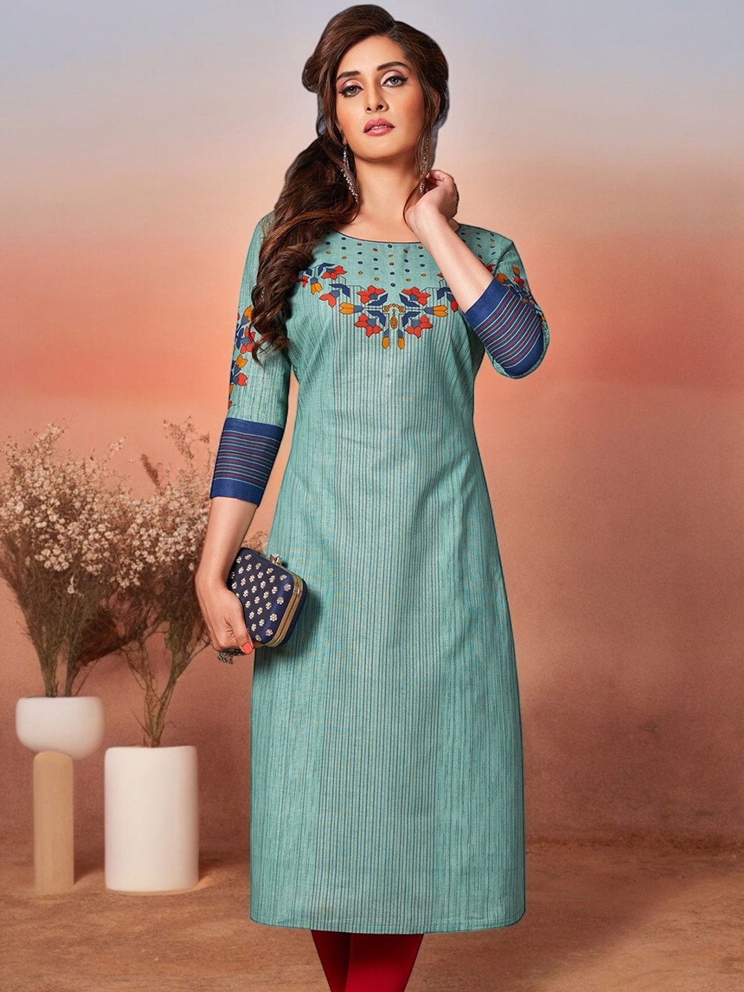 

Jevi Prints Women Keyhole Neck Cold-Shoulder Sleeves Thread Work Block Print Kurta, Green