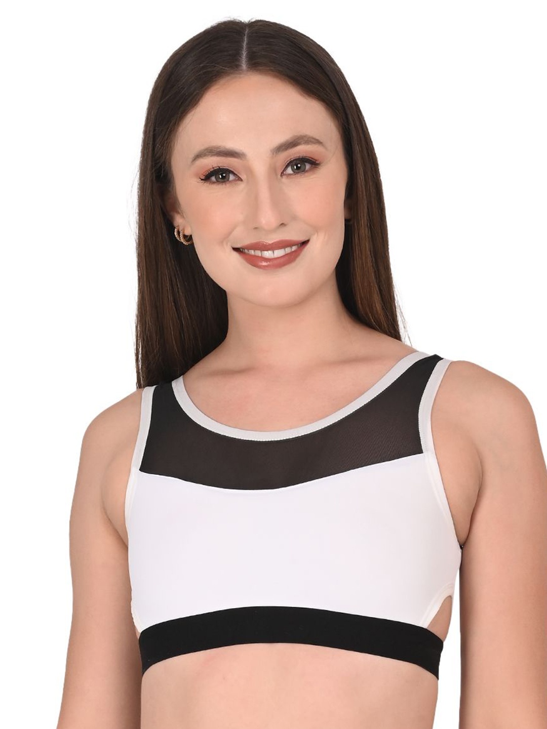 

R Cube Colourblocked Mesh Cut-Outs Full Coverage T-shirt Bra-Side Shaper, White