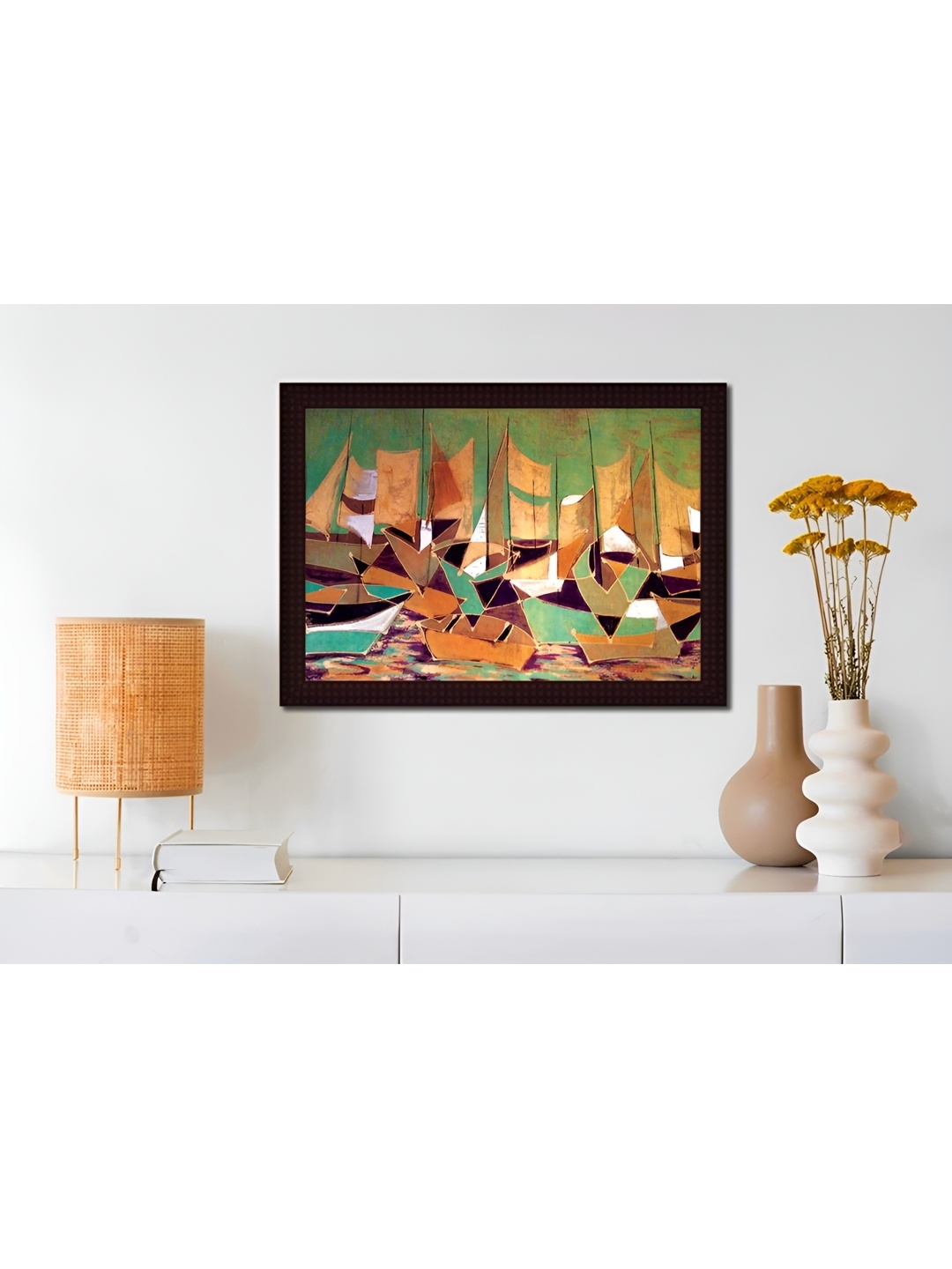 Tamatina Brown & Green Canvas Boats on The Sea Wall Art