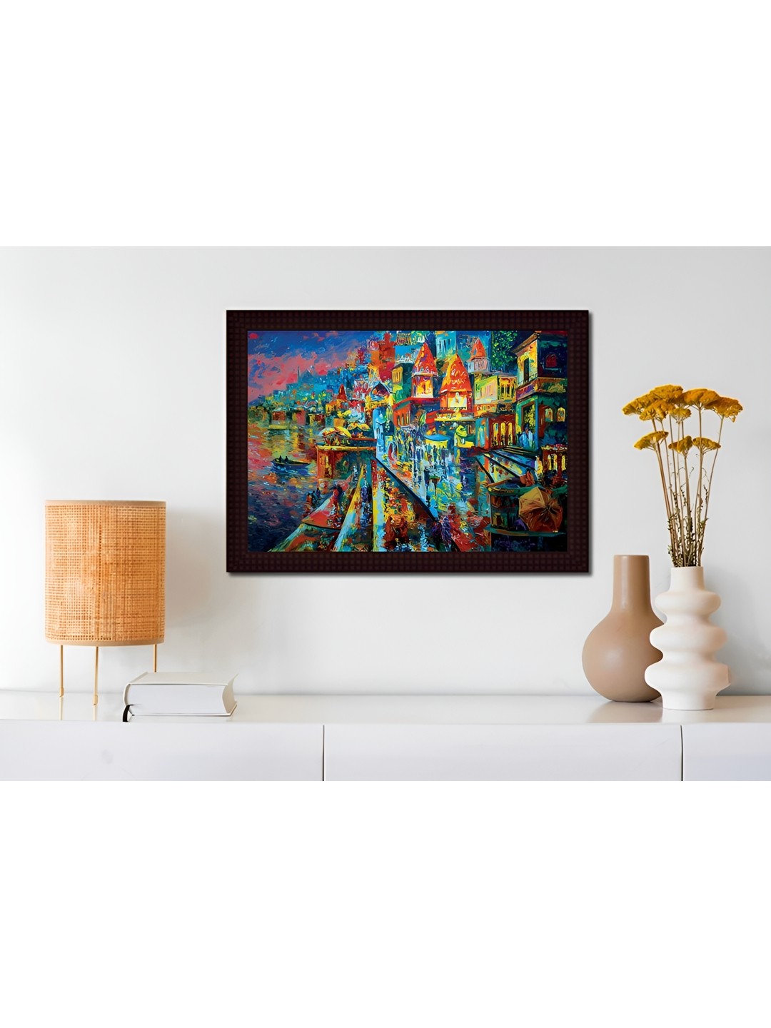 

Tamatina Blue & Yellow Cotton Canvas Colorful Ghats of Varanasi Wall Art