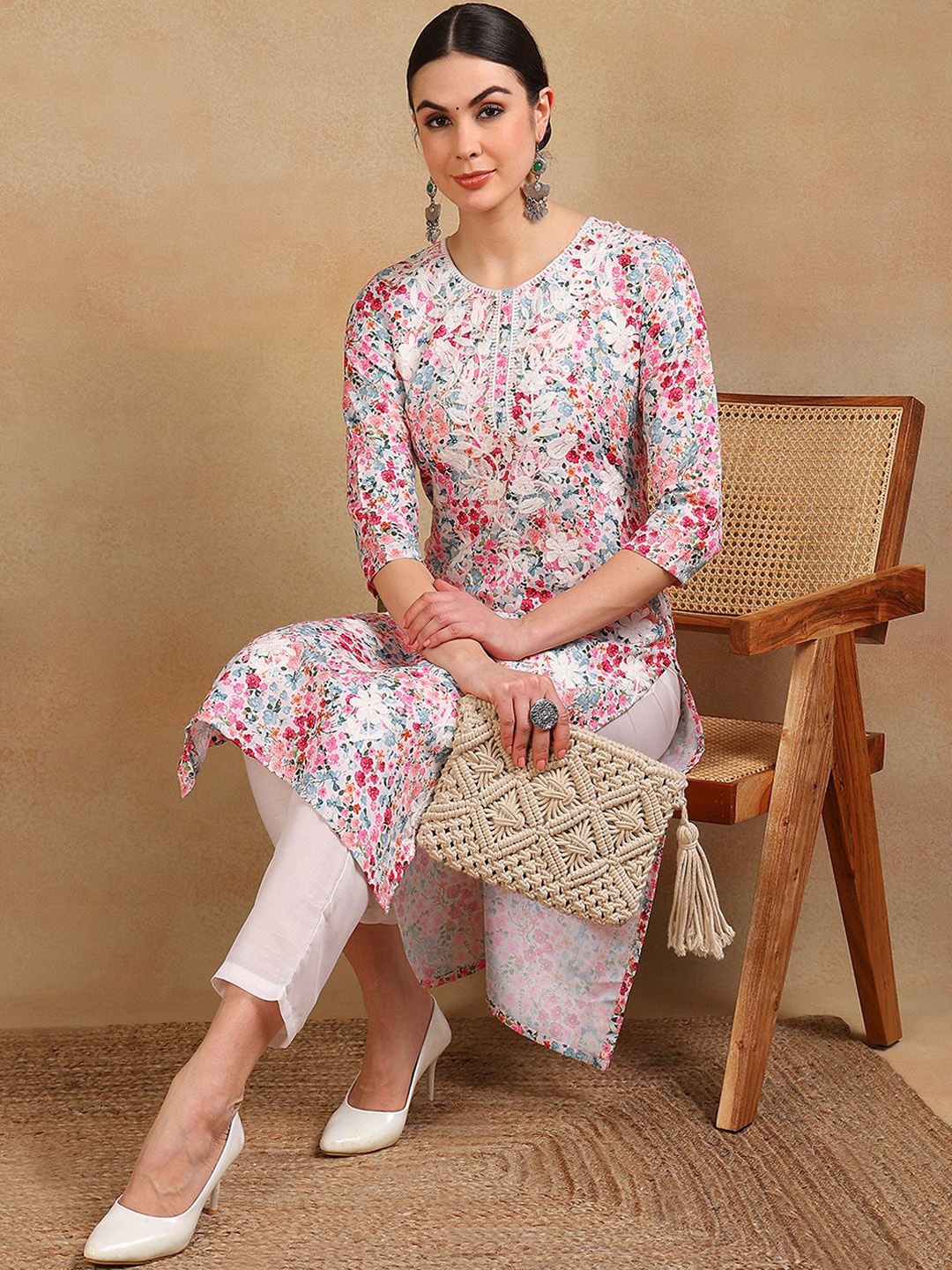 

KALINI Women Floral Printed Keyhole Neck Flared Sleeves Mirror Work Kurta, White