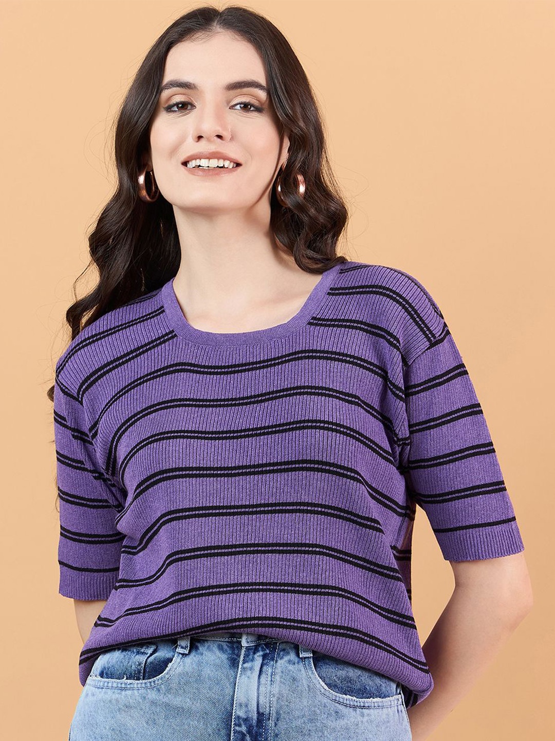 

CLAPTON Women Self Design Striped Round Neck Knitted T-shirt, Purple
