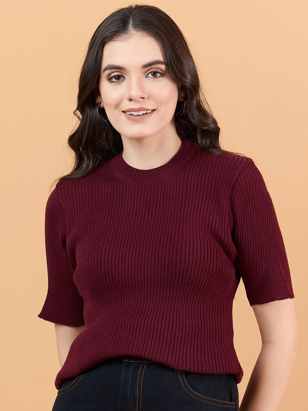 

CLAPTON Women Self Design Striped Round Neck Knitted T-shirt, Maroon