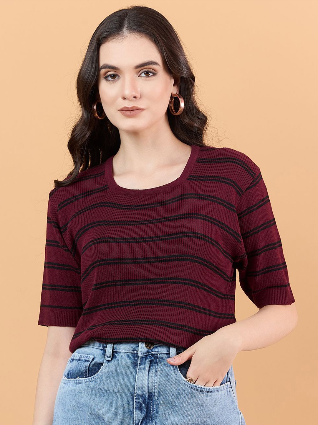 

CLAPTON Women Self Design Striped Round Neck Knitted T-shirt, Maroon