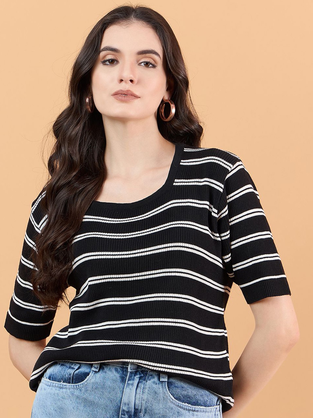 

CLAPTON Women Self Design Striped Round Neck Knitted T-shirt, Black