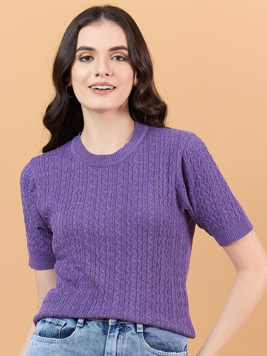 

CLAPTON Women Self Design Round Neck Knitted T-shirt, Purple