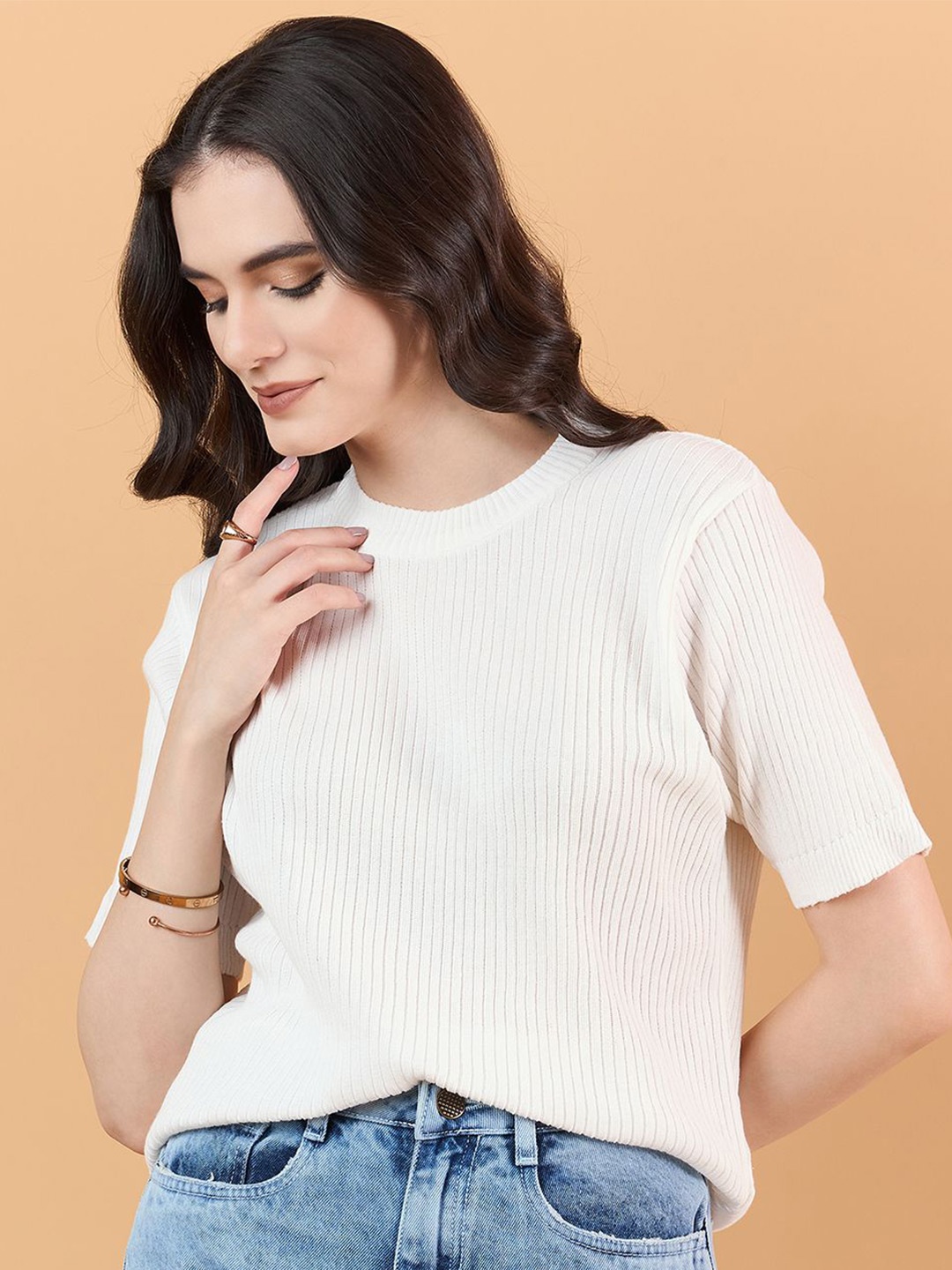 

CLAPTON Women Self Design Round Neck Knitted T-shirt, White